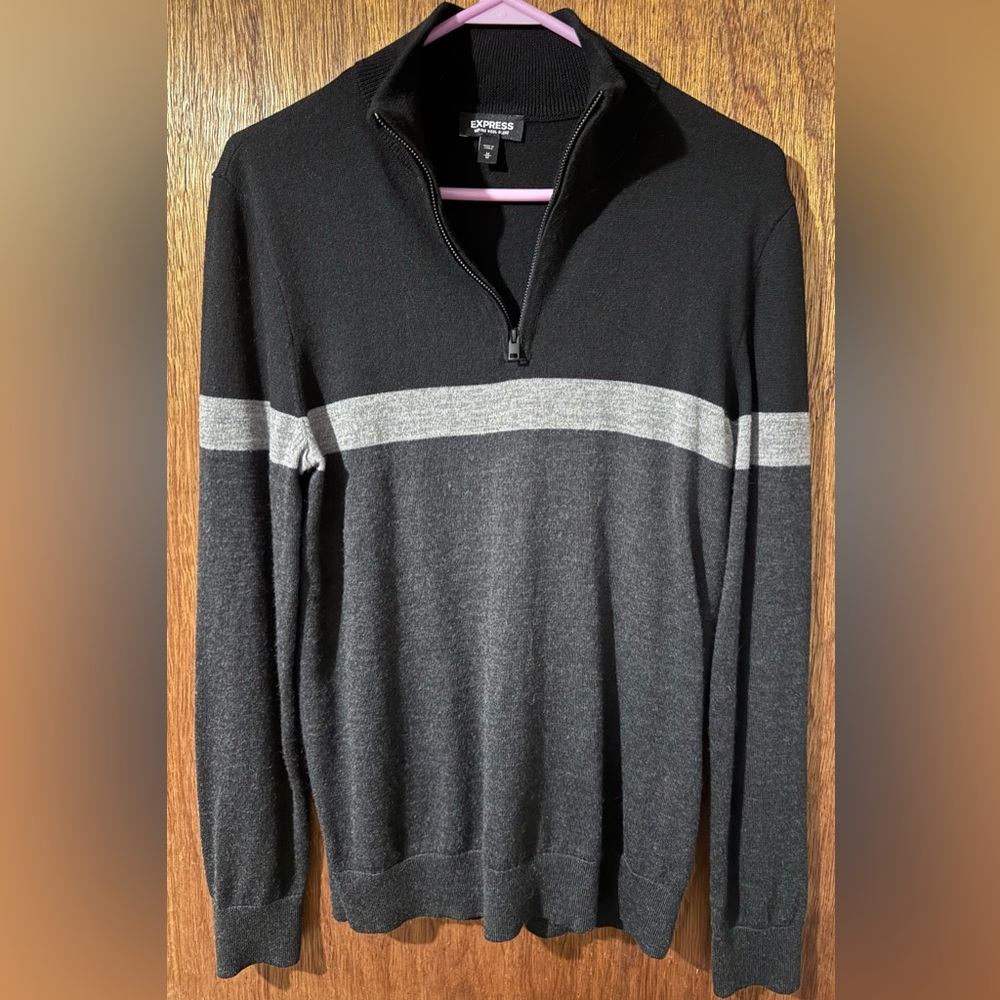 Men’s Express Merino Wool Blend Black and Gray Zip Sweater ~ Size Medium